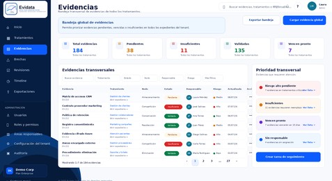 Vista de gestión de evidencias de Evidata incluida en el material comercial